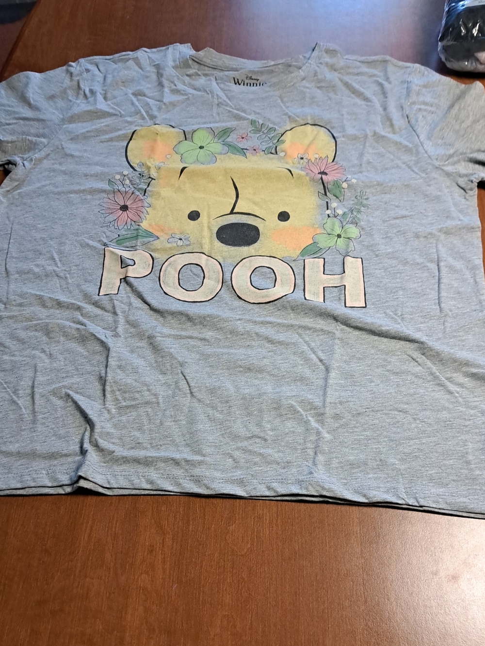 Disney Winnie the Pooh Gray Tee with Pastel Floral Graphic